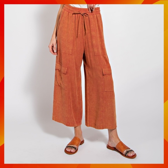 EASEL "Linen Lounge" Cotton Blend Mineral Washed Wide Leg Pants W/ Cargo Pockets - Picture 7 of 15